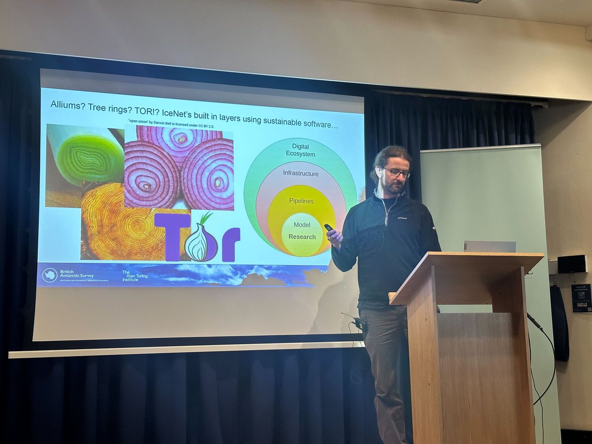 tom_r_andersson's tweet photo. @JimCircadian at @Climformatics presenting the layered  software infrastructure underlying @icenet_ai! 🧅🧊💻 https://t.co/a8mRILxSsa