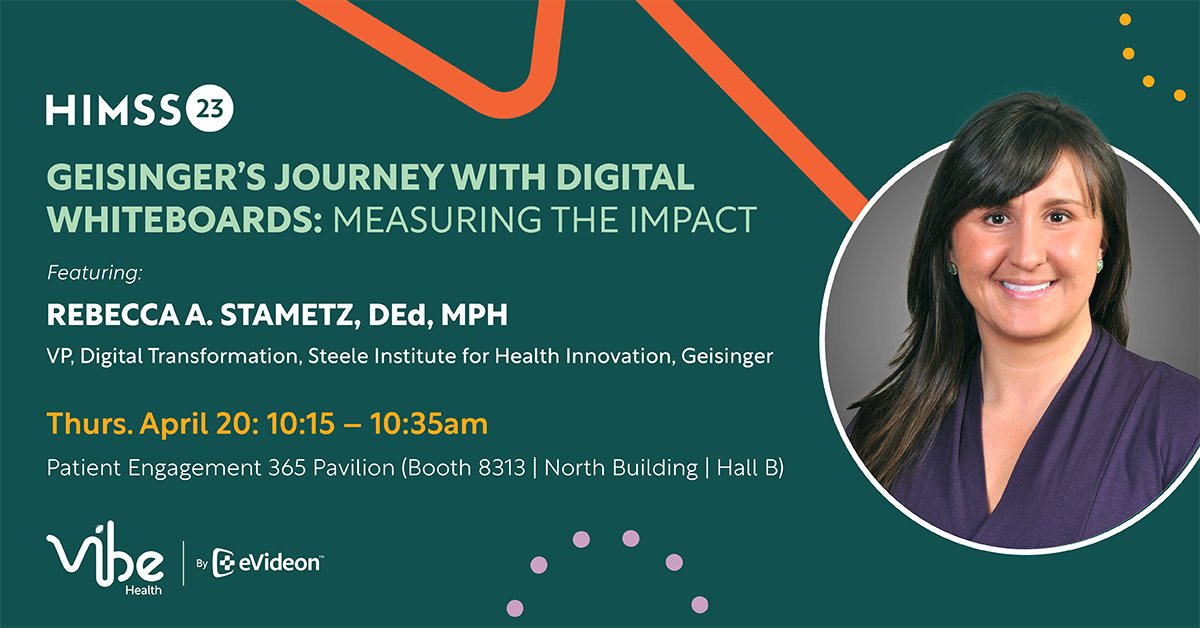 evideonhealth's tweet photo. #HIMSS23 Session Alert❗️Tomorrow, Thurs., April 20 | 10:15am CT ❗️@GeisingerHealth discusses measuring the impact of digital whiteboards in the Patient Engagement Pavilion (Booth #8313) 🌐https://t.co/k8d7Qhk5gZ #healthit #healthcareinnovation #roomofthefuture #itsavibe https://t.co/N5z9wteY3i