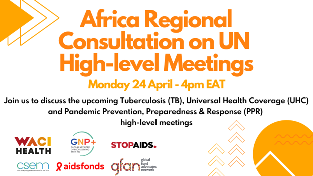 📢 Join us this Monday for an Africa regional consultation to discuss the upcoming high-level meetings on TB, UHC, PPR

🗓️ 24 April - 3pm CET/ 4pm EAT
Register here ➡️ bit.ly/HLMregionalcon…

#2023TBHLM #UHCHLM #PPRHLM