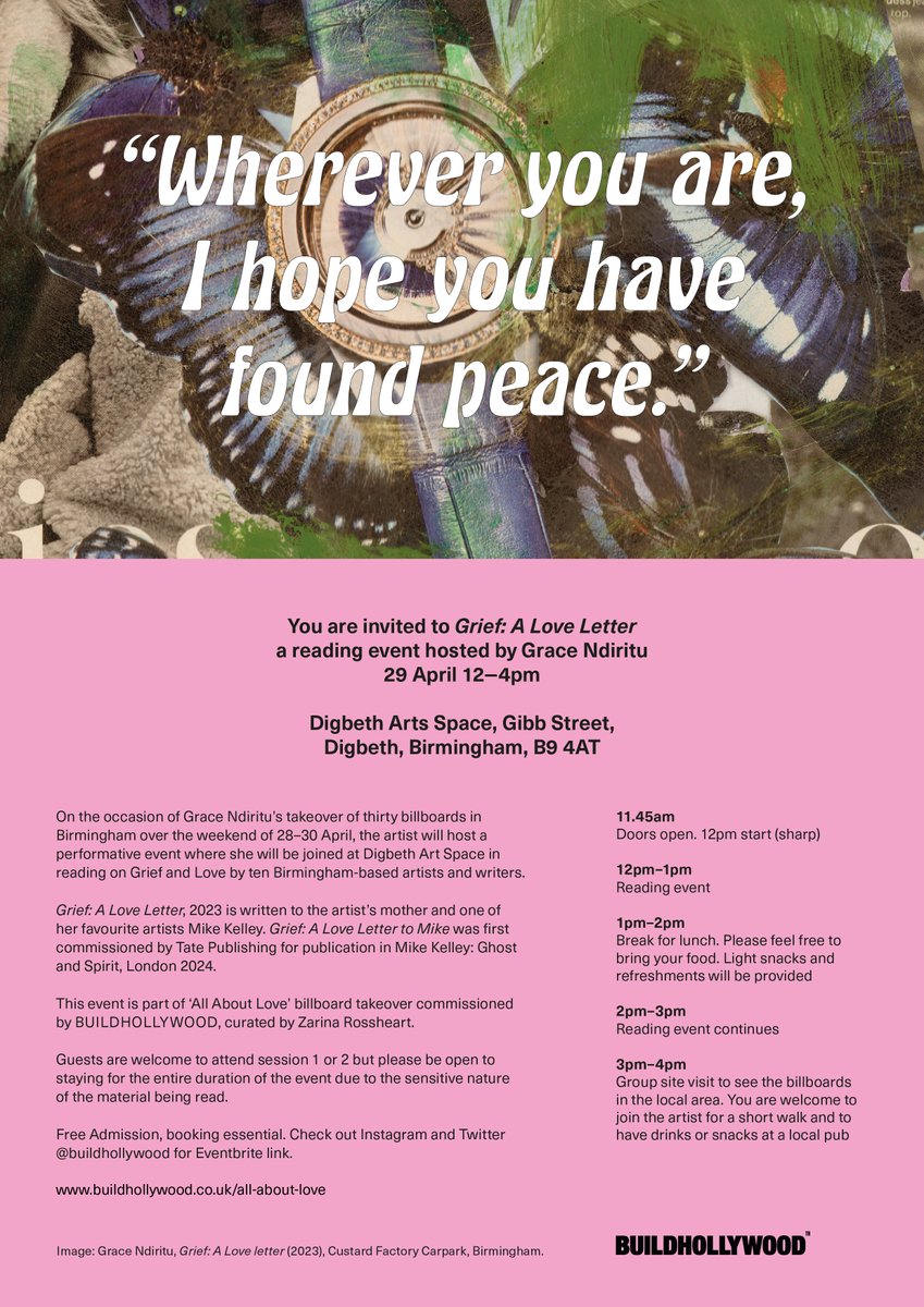 On Saturday 29 April, we’d love to invite you to <a href="/DigbethArtSpace/">Digbeth Art Space</a>, where Ndiritu will host a performative event where she'll be joined in reading on Grief and Love by Birmingham-based artists and writers. The event is free – sign up here: bit.ly/3KNowkw.