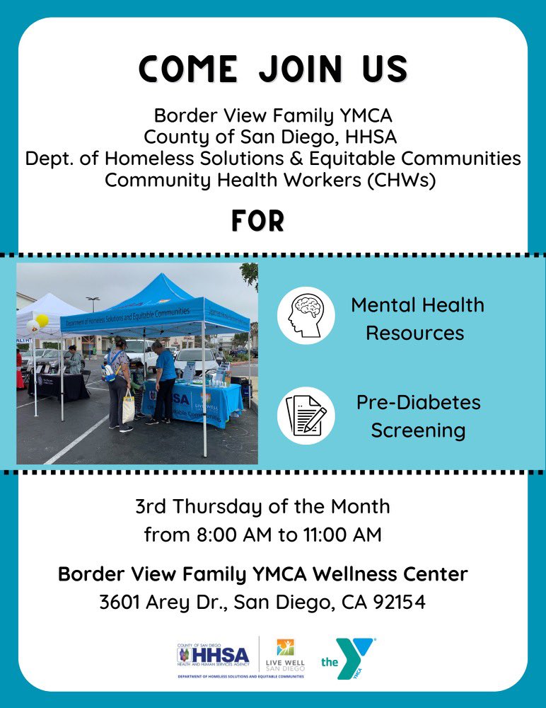 bjimenez_cosd's tweet image. Come and join us at #BorderView Wellness Center @YMCASanDiego- Every 3rd Thursday (effective April 20th) 8am-11am- for mental health resources and pre-diabetes screenings by @SDCountyHHSA #HSEC #OEqC CHW Team