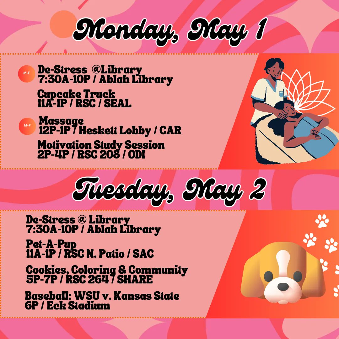 SAC_WSU's tweet image. 🤩 Lets Groove into De-Stress Fest starting with a Cupcake Truck on May 1st to a Self Care on May 4th! Check out all of the fun things our campus has to offer for a relaxing week before finals. 
.
.
.
#wichitastate #studentlife #programmingevents #destress