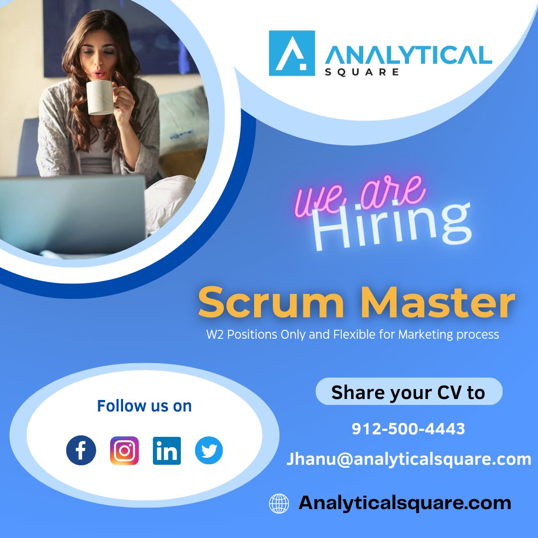 Asquareoffl's tweet photo. Hello People! 
Greetings from Analytical Square
Title: Scrum Master
location: Onsite &amp; Hybrid. 
Visa: Cpt, Opt, H1b, H4 EAD, GC, &amp; Citizens

 #usaitjobs #usajobs #usamarket #aws #scrummaster #scrummasterjobs #scrumcertification #opt #cpt #h1bvisa #h4ead # #scrum # #people https://t.co/1nIYXGtLT6