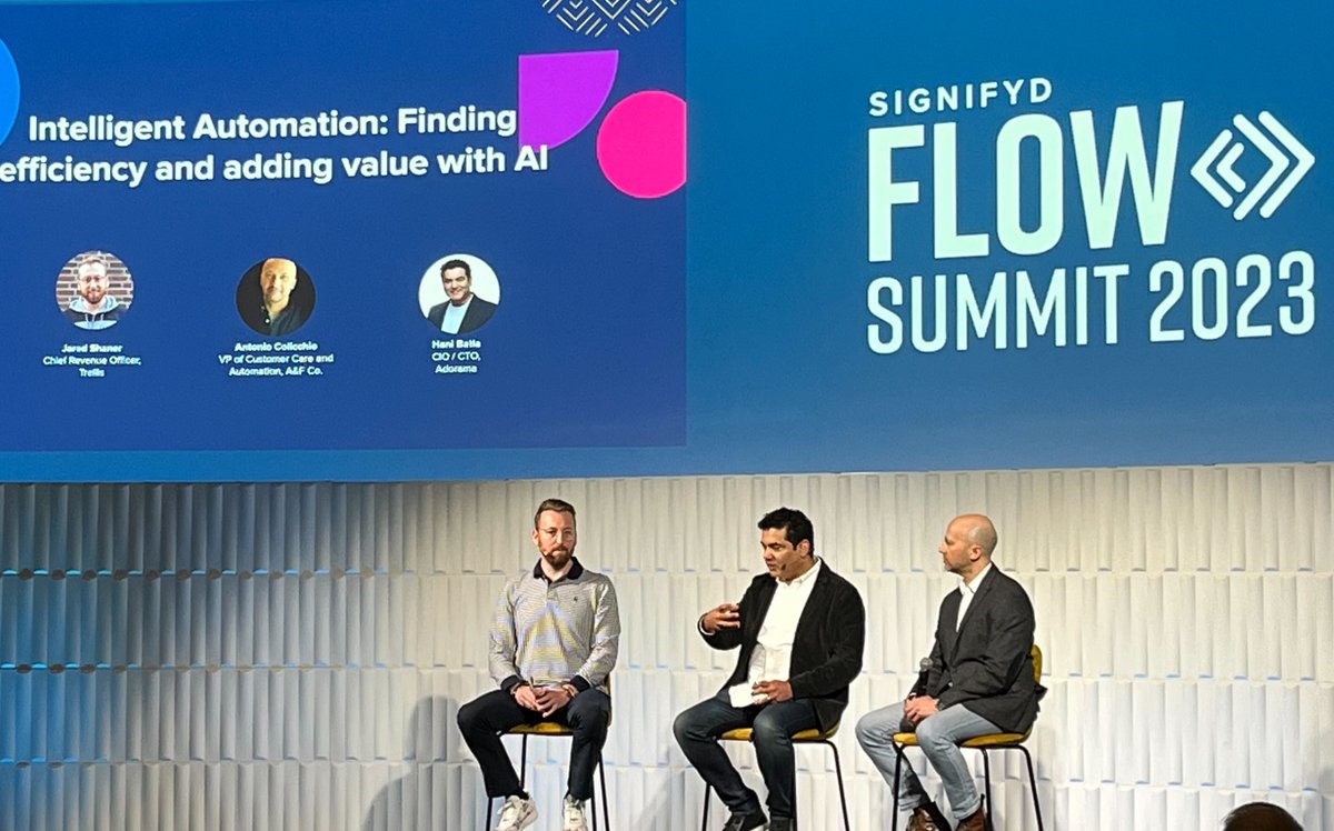 signifyd's tweet photo. Antonio Colicchio (@Abercrombie ), @Gl0ba1citizen (@adorama), and @Jaredism (@trelliscommerce) ease our anxieties around #AI and share how they use it to create operational efficiencies that have improved #CX. #FLOWSummit23 #FearlessCommerce https://t.co/ibau9Keb0q