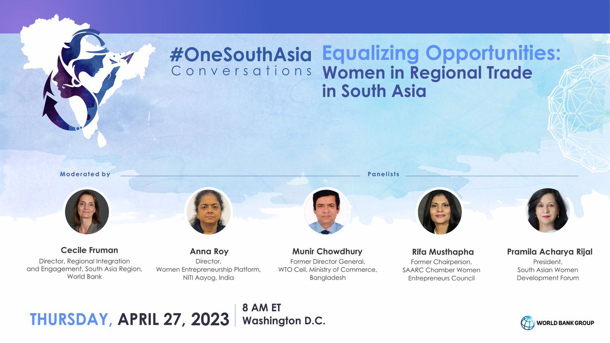 cfruman's tweet photo. We are back with our next #OneSouthAsia conversations! Join us with @annaroy9 of @NITIAayog Rifa Mustapha, frm Chair #SCWEC, Munir Chowdhury, Pramila Acharya, SAWomen Development Forum to discuss opportunities & impediments for women in trade! Details: https://t.co/L5oERtlHSu https://t.co/WBigOjhRAd