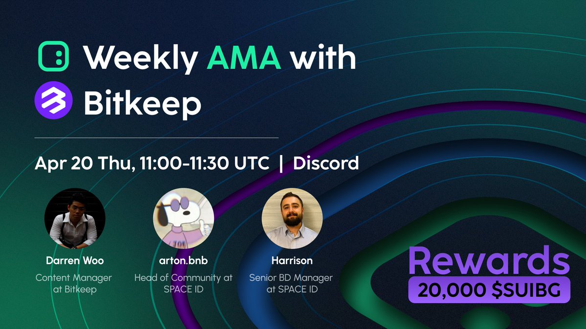 Our Integration Partner AMA this week will feature @BitKeepOS, as we'll be discussing the endless possibilities of #DeFi x #CeFi, & more. Tune in for at least 15 minutes & have a chance to share 20,000 $SUIBG prize pool. Event: galxe.com/spaceid/campai… Time: 4/20 11AM UTC