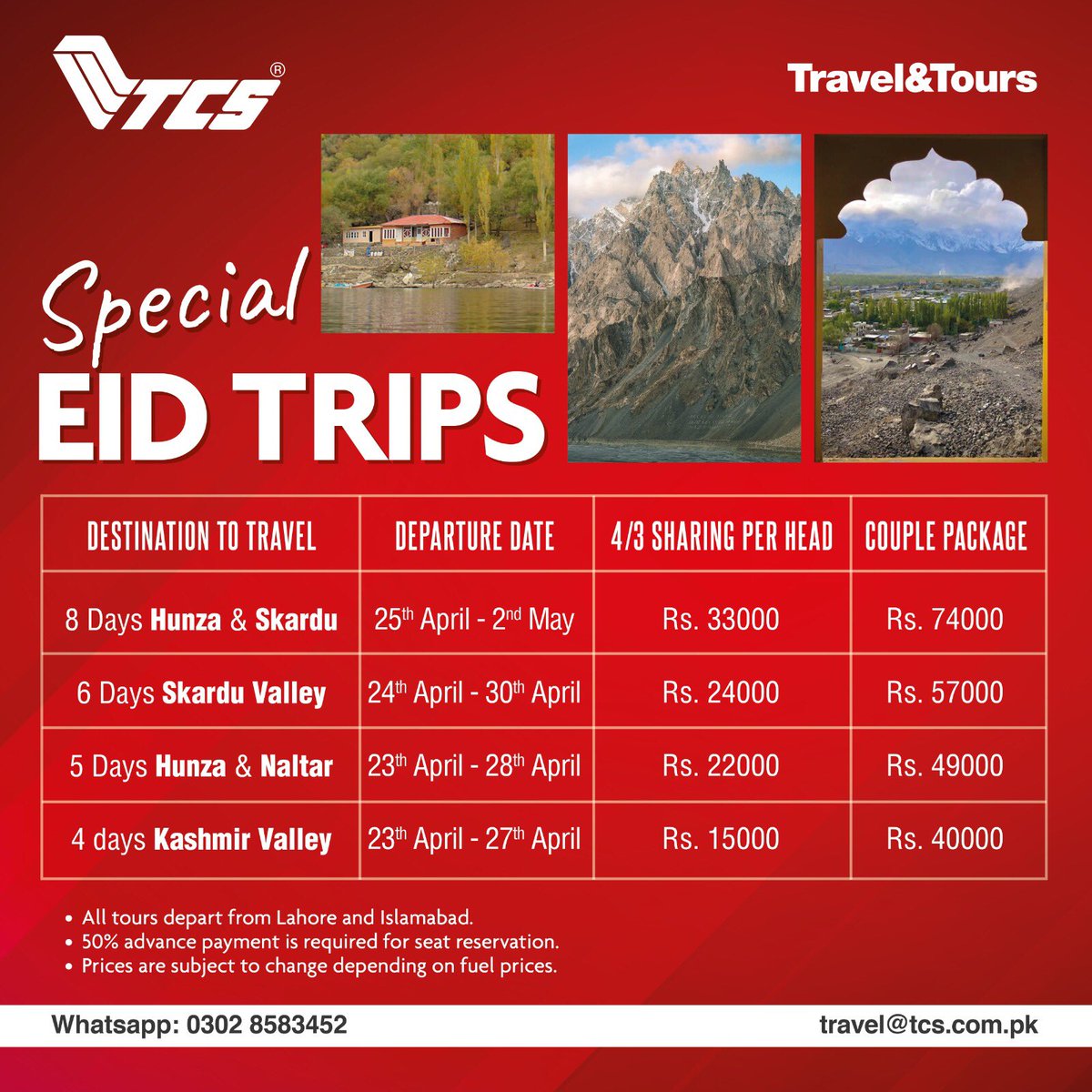 tcs_couriers's tweet photo. Looking for the perfect Eid Getaway?
TCS travel & tours brings you the best packages to explore the beauty of northern areas of Pakistan.
For further details, WhatsApp us on 0302-8583452
#TCS #TravelandTours #travel #Eidgetaway #mountains #northernareas #hunza #skardu #kashmir https://t.co/DHvJaLyFxi