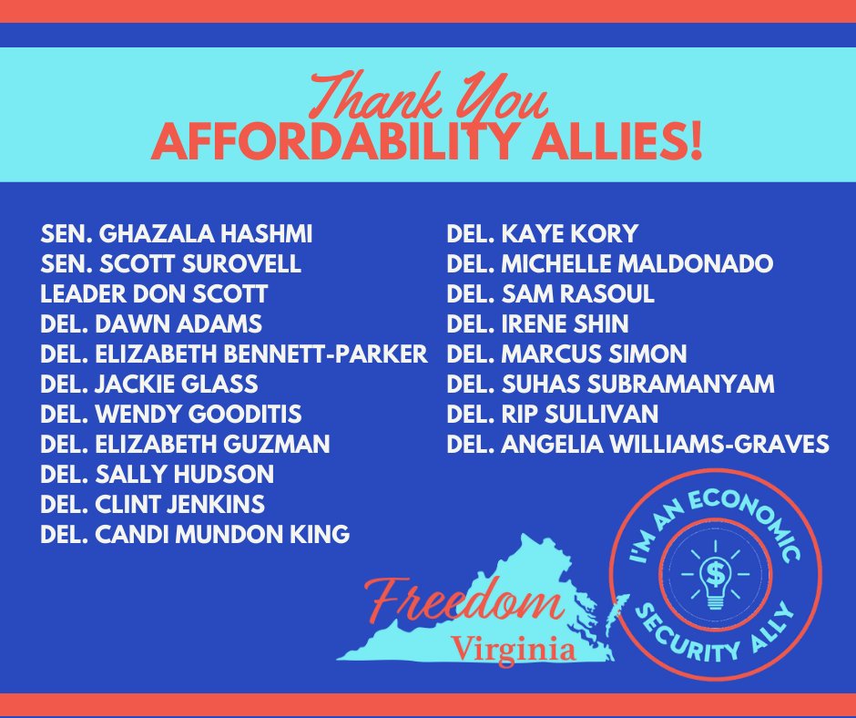 And thank you legislators who were Affordability Allies in the 2023 GA! #Virginia 

@SenatorHashmi @ssurovell @DonScott757 @DawnAdamsVA @EBPforVA @WendyGooditisVA @guzman4virginia @SallyLHudson @ClintonHD76 @CandiMundonKing @KayeKory @Michelle4VA50 @Sam_Rasoul @ireneshintweets