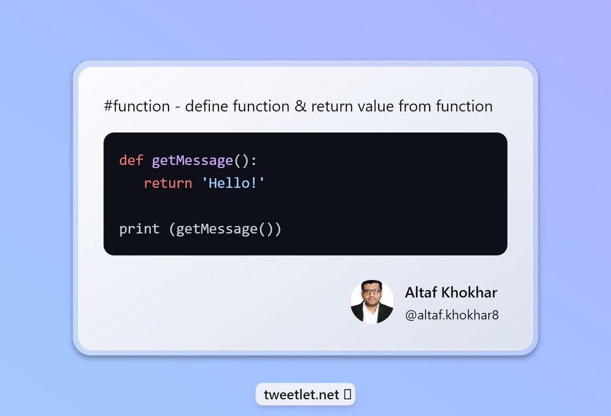 AltafKhokhar8's tweet image. #pythonprogramming #python #learnpython #pythontutorial #100daysofcodepython #100daysofcodechallenge #SoftwareDeveloper
python | define function | How to return value