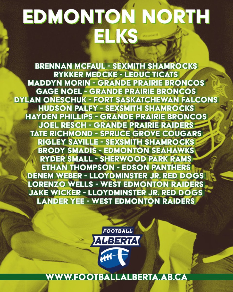 FootballAlberta's tweet photo. Congratulations to all the athletes who have made it to the final Edmonton North Elks team. Thank you to all our coaches for the evaluation and selection process.
🏈🏈
#football #footballalberta #u16 #northselectioncamps #finalteam #yegandarea https://t.co/UPj4QJ0Zoq