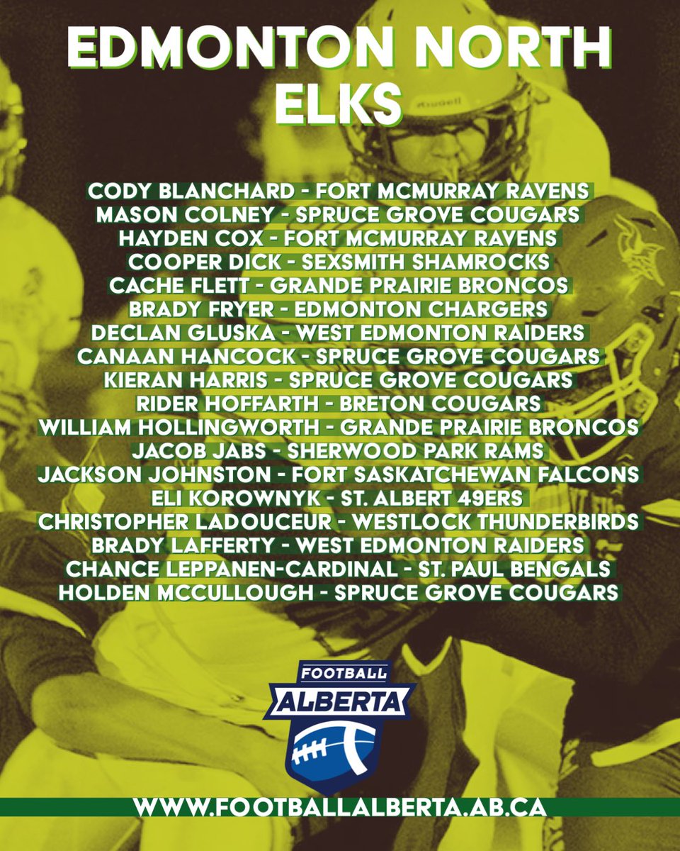 FootballAlberta's tweet photo. Congratulations to all the athletes who have made it to the final Edmonton North Elks team. Thank you to all our coaches for the evaluation and selection process.
🏈🏈
#football #footballalberta #u16 #northselectioncamps #finalteam #yegandarea https://t.co/UPj4QJ0Zoq