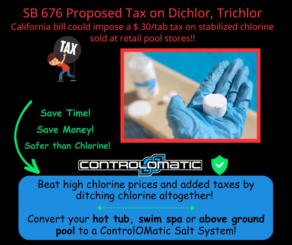 ControlOMatic's tweet photo. Are you tired of paying taxes?
You can beat the proposed tax on chlorine tablets by converting your hot tub, swim spa or above ground pool to a ControlOMatic salt system! Our salt systems are easy to use and will save you time and money!
#lowersmaintenance #saltsystem #lesstaxes https://t.co/ua5n2JQL9H