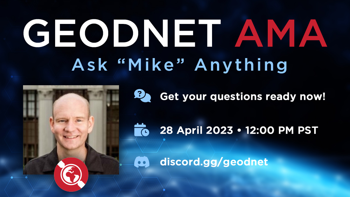 GEODNET's tweet photo. Get your questions ready for Mike, one of GEODNET's founders. 
He's planning on sharing updates on the project LIVE on https://t.co/O9jAXDVWhK  on April 28. 

Some topics covered will be end-user customer revenue on-chain, the $GEOD token halving schedule, and a ton more. https://t.co/TPH1jeLKUy