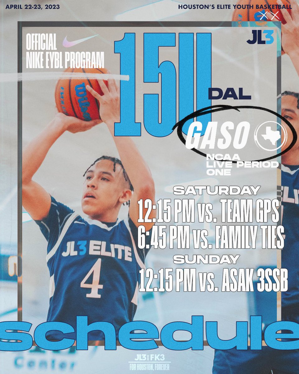 𝗝𝗟𝟯 𝟭𝟱𝗨 𝗘𝗬𝗕𝗟 𝘅 @TexasHoopsGASO 🏀 NCAA Live Period 1️⃣ 🗓️ April 22nd-23rd 🏟️ Duncanville Fieldhouse #NikeEYBL | #JL3Fam