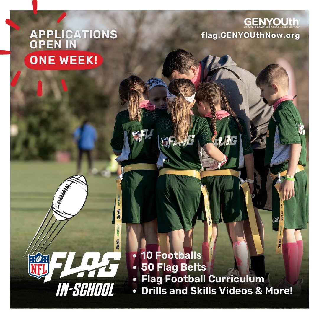 GENYOUthNow's tweet image. #NFLFLAGInSchool applications open in ONE WEEK! 🏈

Here’s your opportunity to bring the nation’s fastest growing #teamsport to your school and students. Learn more and sign up for application alerts:  flag.genyouthnow.org