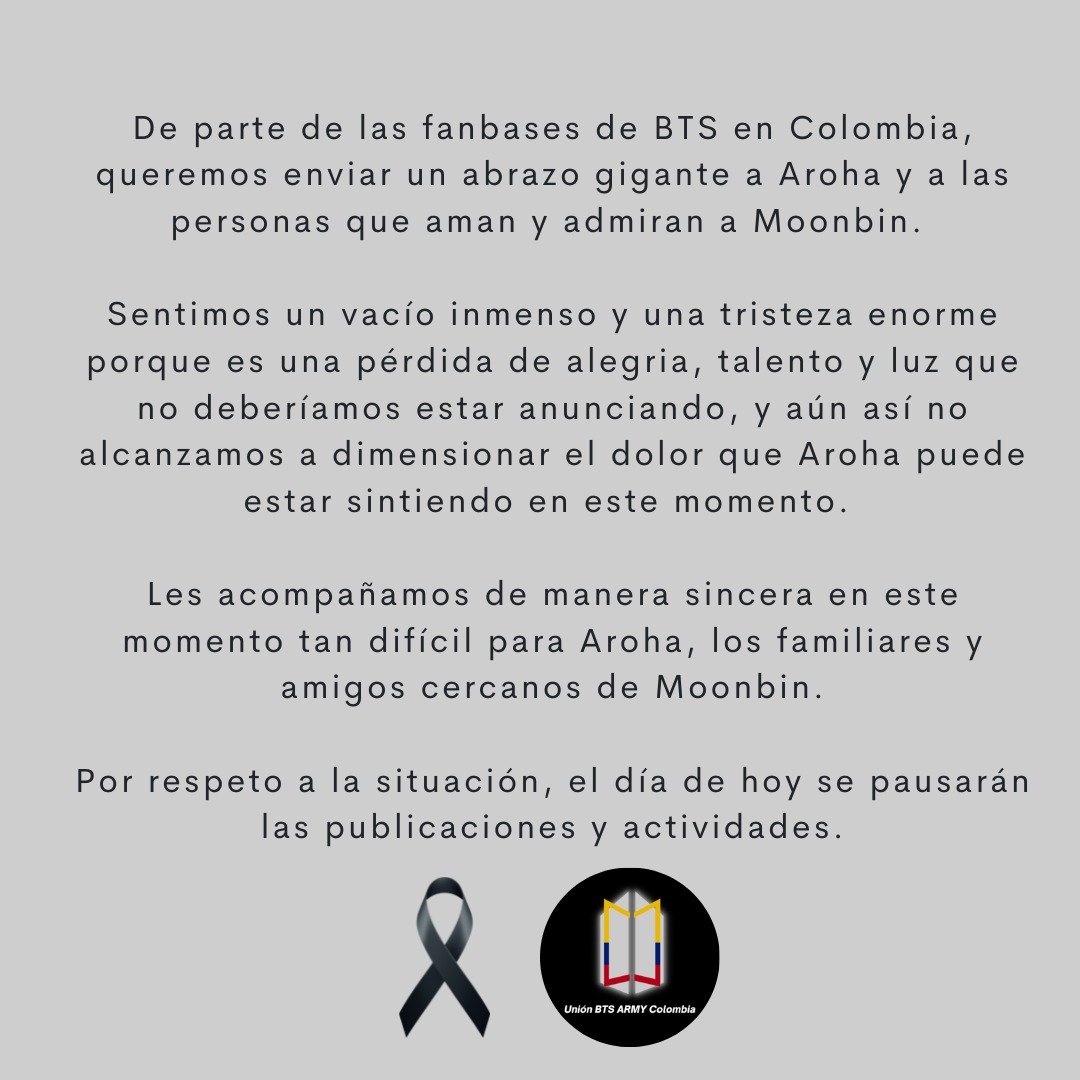 btsarmycol_'s tweet photo. Como es de conocimiento público, el miembro de Astro, Moonbin, falleció el día de hoy 💔

Por parte de las Fanbases de BTS de Colombia queremos enviar este mensaje de condolencias y apoyo a sus fans, enviando también un abrazo fraterno 🫂💜

Descansa en paz Moonbin 🕊️ https://t.co/Uy5WqeJeDe