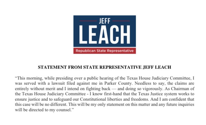 bradj_TX's tweet photo. New: Statement from @leachfortexas on this defamation lawsuit. #txlege

“Needless to say, the claims are entirely without merit and I intend on fighting back — and doing so vigorously.” https://t.co/kDQ93Eg93B