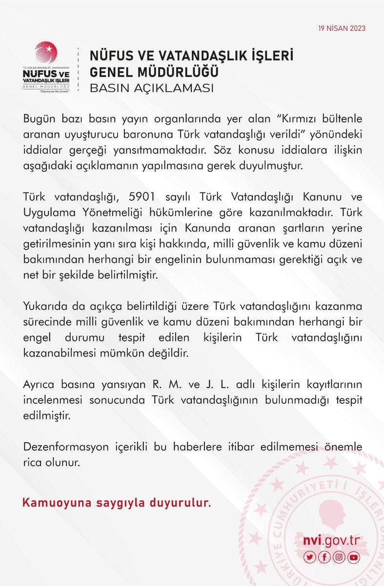 Kırmızı bültenle aranan uyuşturucu baronuna Türk vatandaşlığı verildiğine dair çıkan asılsız haberlere ilişkin kamuoyu duyurumuz‼️⬇️