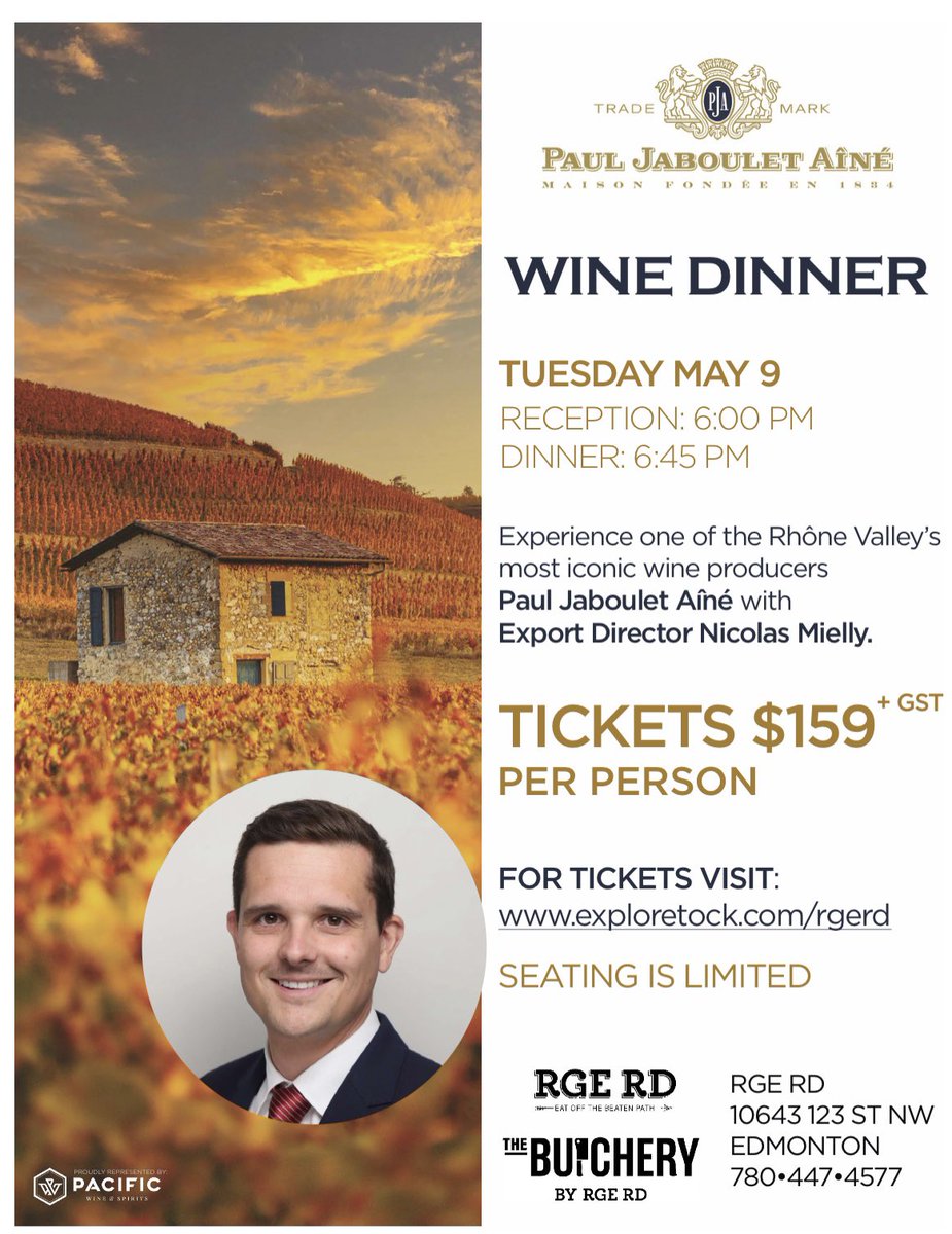 Please join us for the Paul Jaboulet Aine Rhone Wine Dinner at RGE RD on May 9th. Export Director Nicolas Mielly of  Paul Jaboulet will showcase 5 delicious wines paired perfectly by Chef Blair Lebsack and his team. <a href="/PWS_Canada/">Pacific Wine & Spirits</a> <a href="/RGE_RD/">RGE RD</a> #yegevents