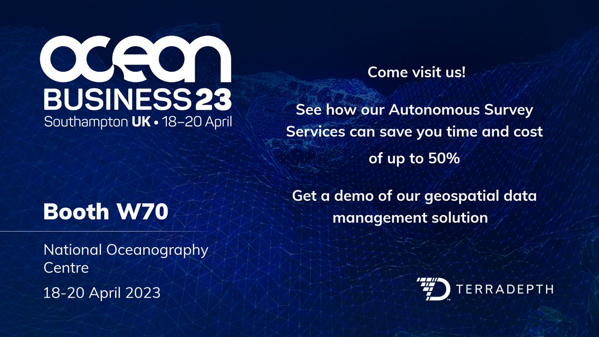 terradepth (@terradepth) on Twitter photo Catch us before the day is over tomorrow!
<a href="/OceanBusiness/">OCEAN EXPRES BUSINESS LOGISTICS SARL</a> attendees: Learn about our Autonomous Survey Services, get a demo of Absolute Ocean, or come by Booth W70 to say hello
#oceanbusiness #oceanbiz #oceantech #subsea #geospatial Catch us before the day is over tomorrow!
<a href="/OceanBusiness/">OCEAN EXPRES BUSINESS LOGISTICS SARL</a> attendees: Learn about our Autonomous Survey Services, get a demo of Absolute Ocean, or come by Booth W70 to say hello
#oceanbusiness #oceanbiz #oceantech #subsea #geospatial