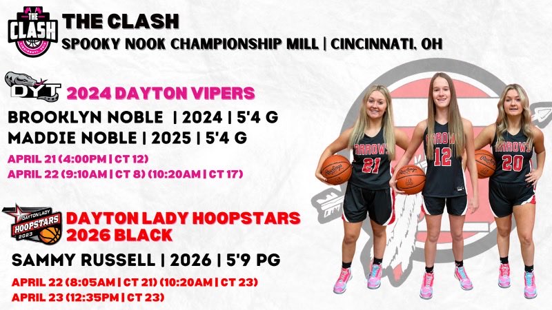See some Arrows in action this weekend at The Clash!
⁦<a href="/SelectEventsBB/">Select Events Basketball</a>⁩ ⁦<a href="/SammyRussell_12/">Sammy Russell</a>⁩ ⁦<a href="/BrooklynNoble12/">Brooklyn Noble</a>⁩ ⁦<a href="/maddie_noble/">Maddie Noble</a>⁩ ⁦<a href="/DLH2026/">Tre</a>⁩ ⁦⁩