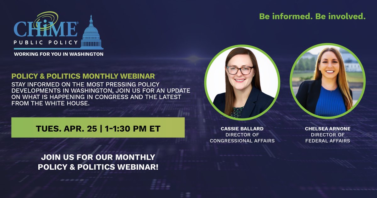 Join the team for our Policy &amp; Politics monthly webinar as we give an update on what is happening here in Washington that will impact our members.

Register now: chimedhl.org/3KR10D3

#PublicPolicy #PatientID #HealthData