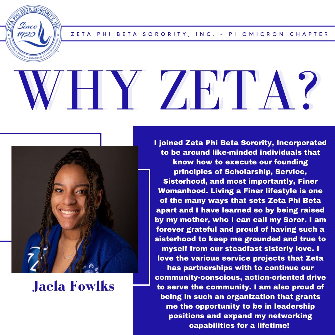 PiOZetas's tweet image. Introducing “Why Zeta?” Wednesday! Take a look at our members as they give you their reasoning for choosing to join Zeta Phi Beta Sorority, Incorporated. Starting with our President, Jaela Fowlks!💙🤍🕊️