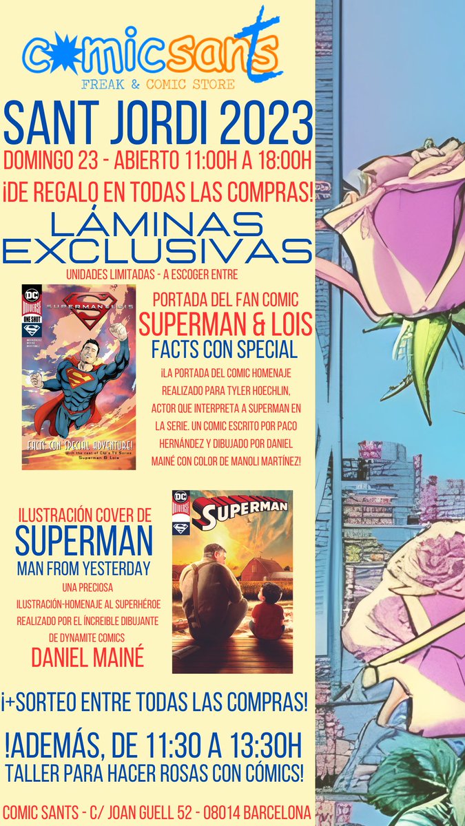 HiusepComic's tweet photo. 4/4
Y no contentos con eso, todas las compras entraran en un sorteo de un pack de regalos muy chulos.
Os iremos ampliando detalles.
¿Os venís a pasar Sant Jordi con nosotros?
#somoscomicsants #santjordi #santjordi2023 #superman #comics #sorteo #barcelona #comerciodebarrio https://t.co/DvoHIZ11Pq
