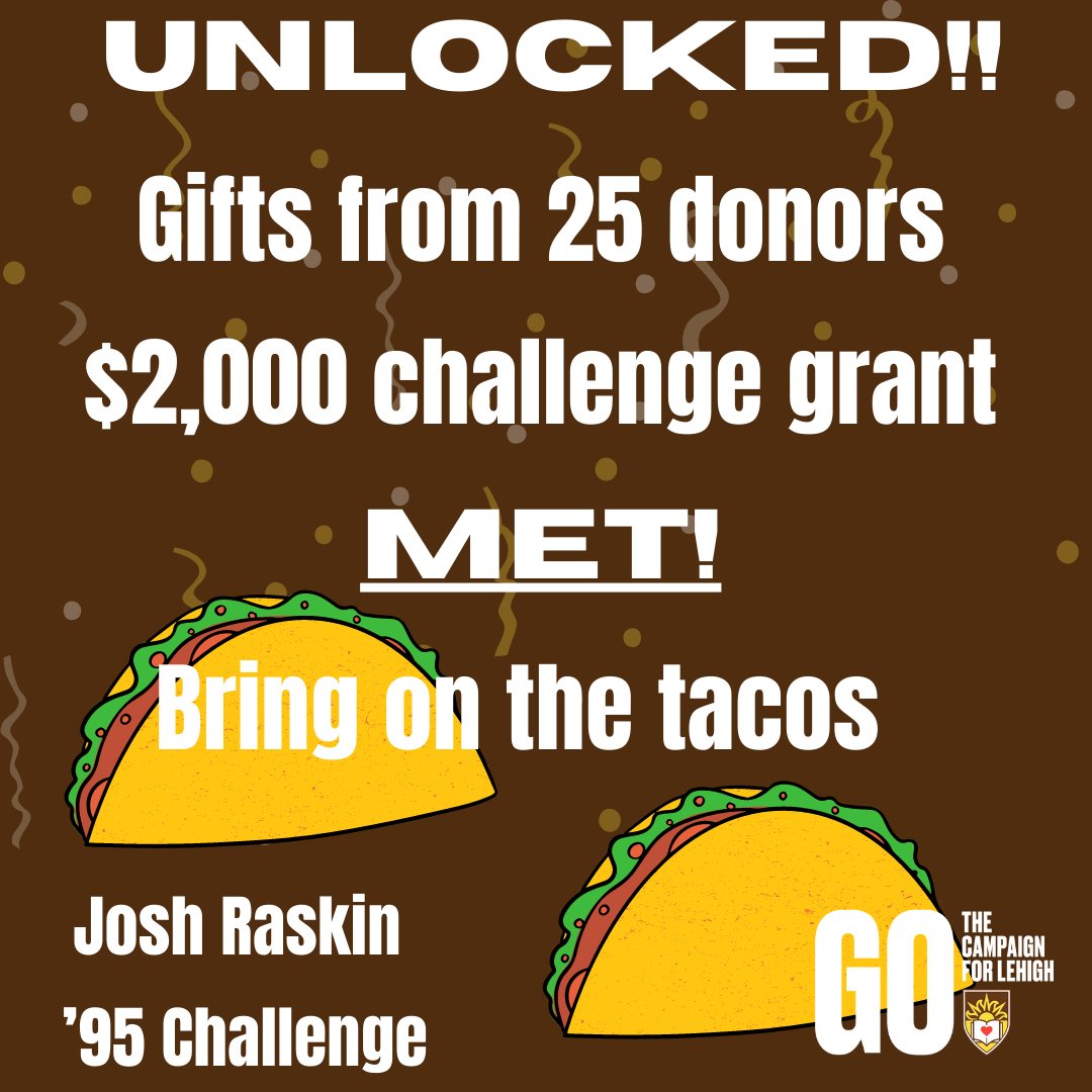 We met our first goal! We’re now at 25 supporters for #LehighGivingDay, which unlocks the $2,000 Josh Raskin ’95 challenge grant. COH students will get a taco bar for lunch, and we will reach the next level with 25 more donors. Consider a gift today at go.lehigh.edu/givingday2023.