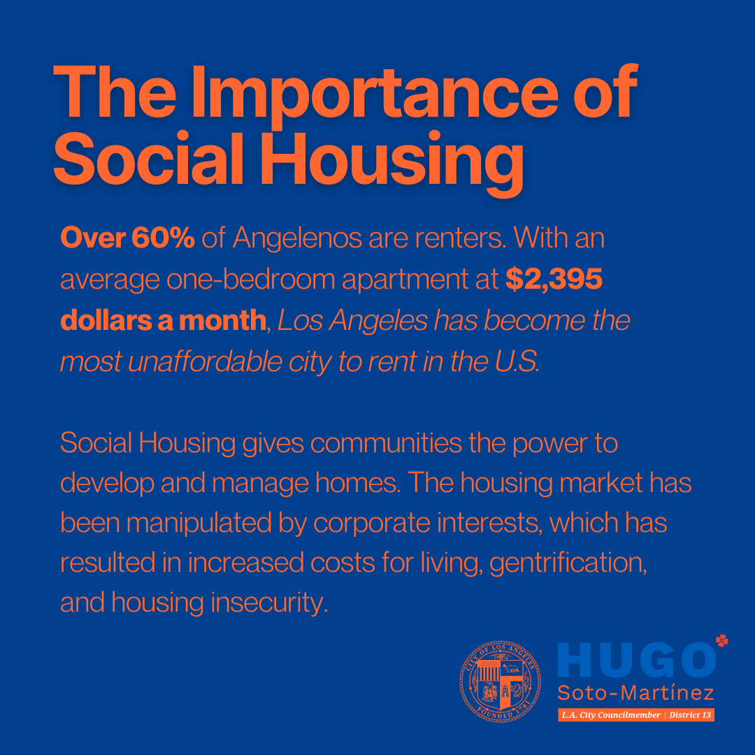 The Importance of Social Housing
Over 60% of Angelenos are renters. With an average one-bedroom apartment at $2,395 dollars a month, Los Angeles has become the most unaffordable city to rent in the U.S.
Social Housing gives communities the power to develop and manage homes. The housing market has been manipulated by corporate interests, which has resulted in increased costs for living, gentrification, and housing insecurity.