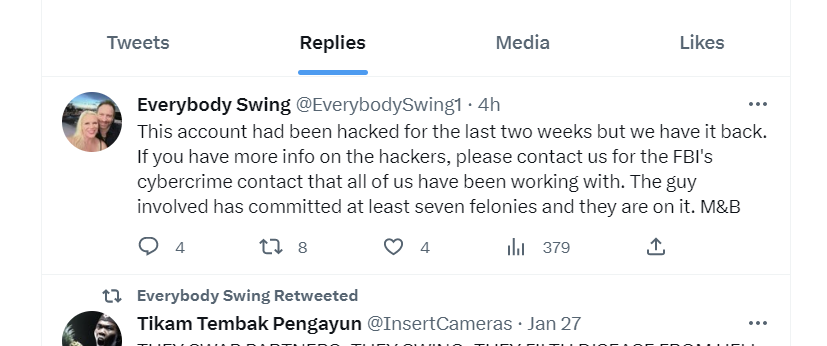 Notorious Swinger-Terrorists have hacked our account <a href="/EverybodySwing1/">Everybody Swing</a> 

And now, they claim that we are "FELONS"

Matt, if you think we are felons, why not reach out to us and talk to us and explain your issues?

Or would you rather just throw insults?