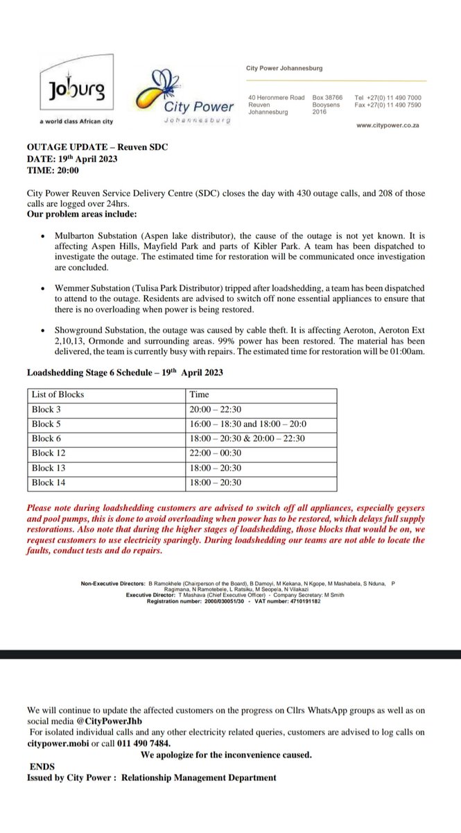 #Update 
#ReuvenSDC 

City Power Reuven Service Delivery Centre is closing the day with 430 outage calls ^HN