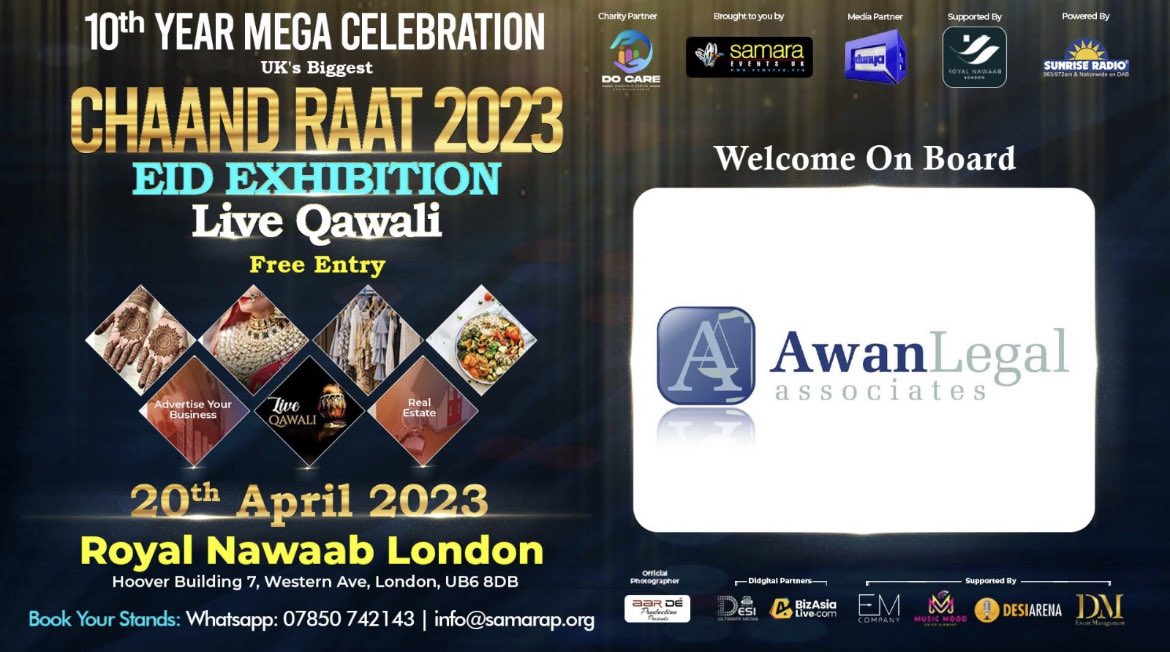 AwanLegal's tweet photo. Come visit our exhibition stand at Royal Nawaab, London between 4pm until 12pm on Thursday 20 April for an initial chat about your #immigration  or #family case. We are doing work permit sponsor licences also for companies - 100% success rates https://t.co/47OMT7TzTL