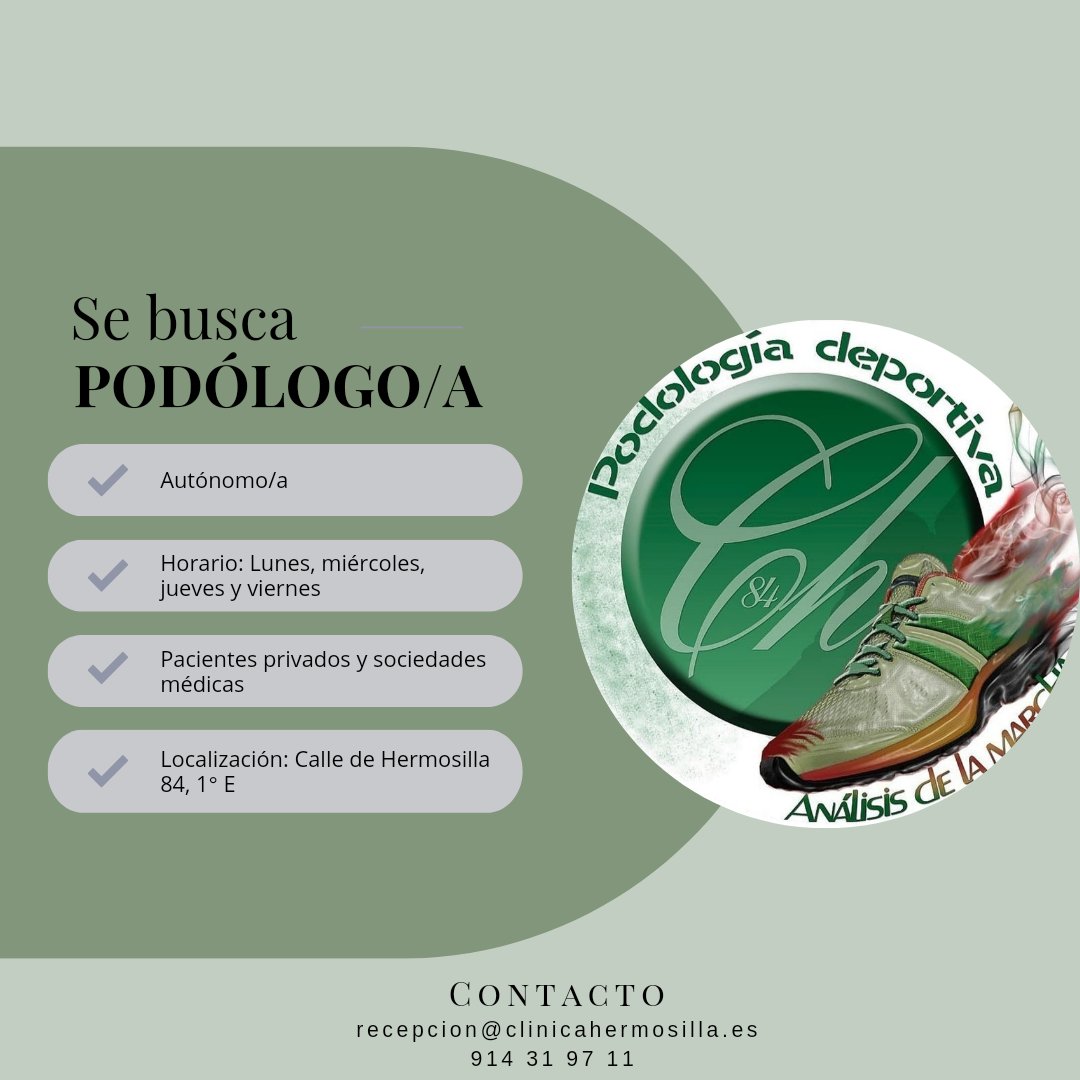 Buscamos podólogo/a para aumentar plantilla. 

Disponibilidad de horario de Lunes, Miércoles, Jueves y Viernes enteros, en horario de 8:30-19:30.

Interesados/as pónganse en contacto con el centro a través de nuestro correo o teléfono:

recepcion@clinicahermosilla.es
914 31 97 11