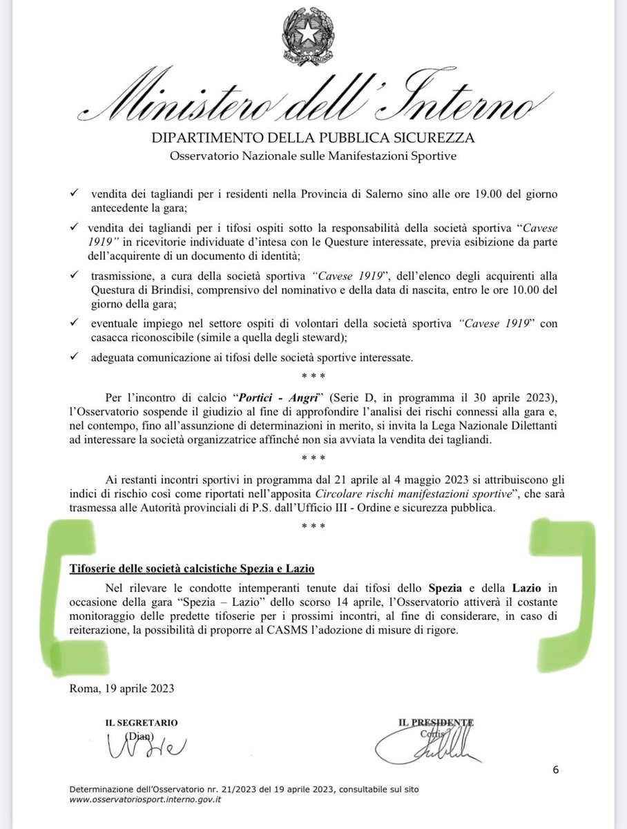 FuoridiSpezia's tweet photo. #Spezia 
Ecco la pronuncia dell’ #ONMS sui fatti accaduti nel pre partita di #spezialazio 
Le due tifoserie saranno osservate speciali nelle prossime gare. https://t.co/GERnuMmvlj