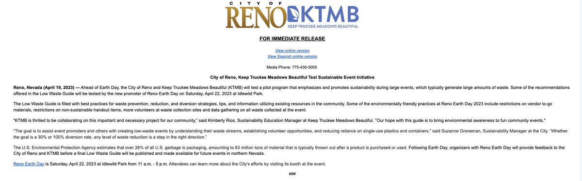 OurTownReno's tweet photo. Nice #keeprenogreen initiative by @CityofReno and @ktmbeautiful  for Earth Day issuing a "Low Waste Guide" for the April 22 festivities at Idlewild Park in #Reno https://t.co/kPTsLzqi0K