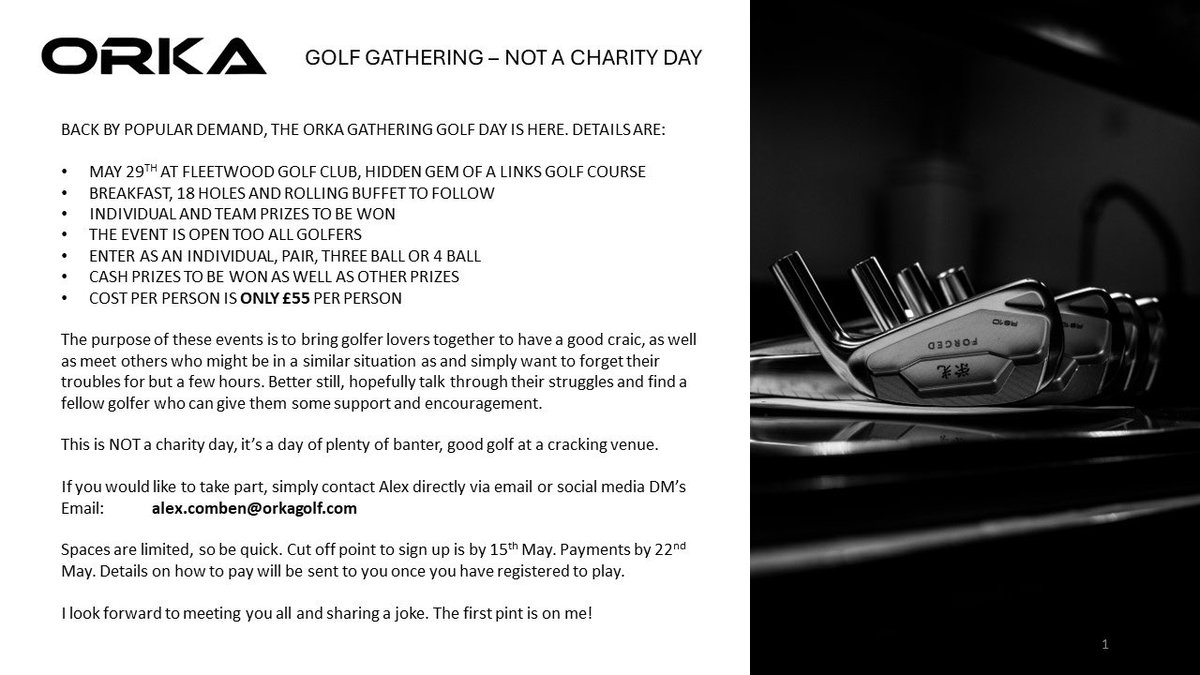 AlexOrkaGolf's tweet image. It’s back!! The Orka “Golf Gathering”

Awesome day, cracking laughs 

* May 29th 
* 1st Beer on me
* cash prizes 
* Golf and Food all in
* Open to everyone

Come get involved, you’ll love it!

DM me if you’d like to play 🏌️

#golf #ukgolf #golfuk #golfday #golfdays