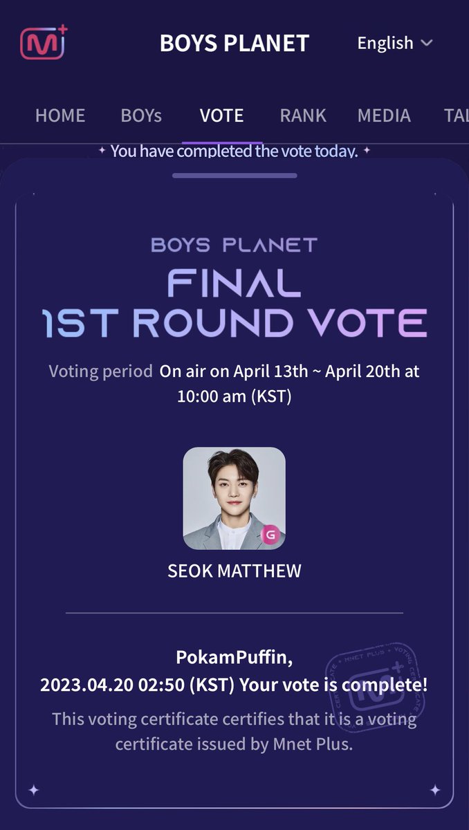 bb_SeokMatthew's tweet image. Final vote completed ✔️🫶🏽 #SEOKMATTHEW #Matthew1Pick