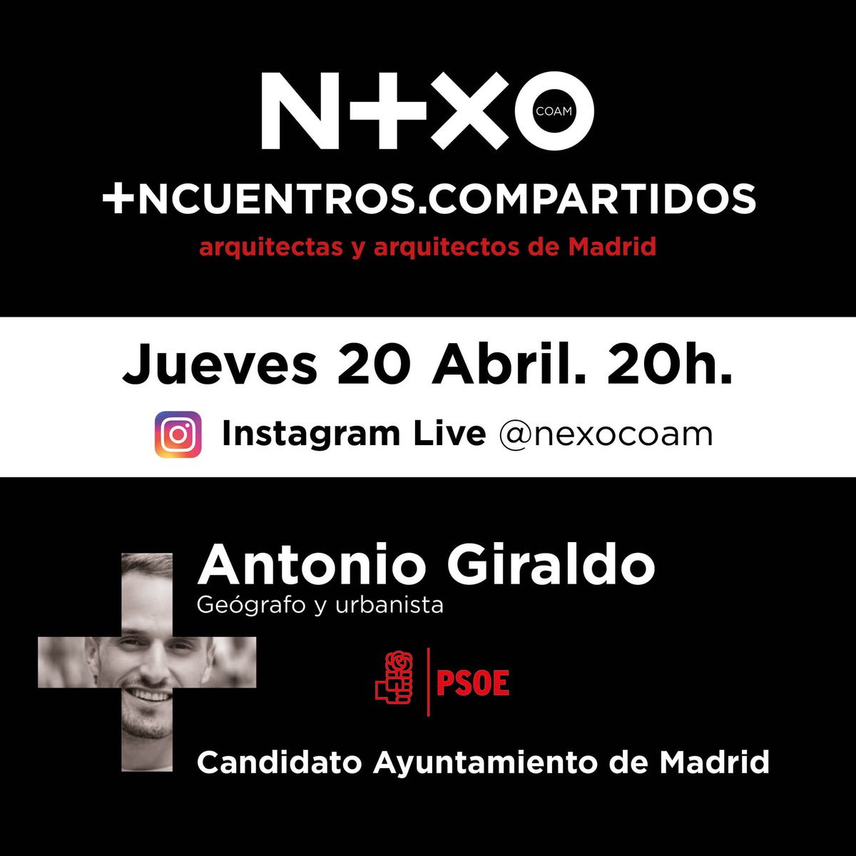 ¿Queréis compartir con los partidos políticos de Madrid vuestras ideas y reflexiones sobre el futuro de la arquitectura y el espacio público en nuestra ciudad y la CAM?
 @nexocoam_ comienza en INSTAGRAM LIVE los +NCUENTROS.COMPARTIDOS este Jueves a las 20h