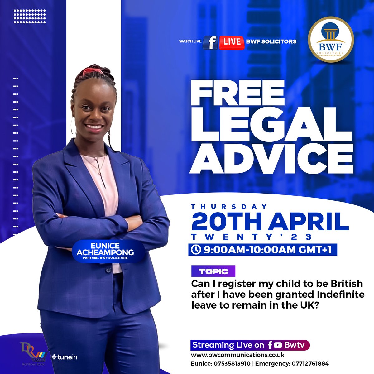 FREE LEGAL ADVICE with Prophet Osebre-Osei 
GUEST: Eunice Acheampong
𝘾𝙖𝙣 𝙄 𝙧𝙚𝙜𝙞𝙨𝙩𝙚𝙧 𝙢𝙮 𝙘𝙝𝙞𝙡𝙙 𝙩𝙤 𝙗𝙚 𝘽𝙧𝙞𝙩𝙞𝙨𝙝 𝙖𝙛𝙩𝙚𝙧 𝙄 𝙝𝙖𝙫𝙚 𝙗𝙚𝙚𝙣 𝙜𝙧𝙖𝙣𝙩𝙚𝙙 𝙄𝙣𝙙𝙚𝙛𝙞𝙣𝙞𝙩𝙚 𝙡𝙚𝙖𝙫𝙚 𝙩𝙤 𝙧𝙚𝙢𝙖𝙞𝙣 𝙞𝙣 𝙩𝙝𝙚 𝙐𝙆? #ghanauk #ukghana #uklaws