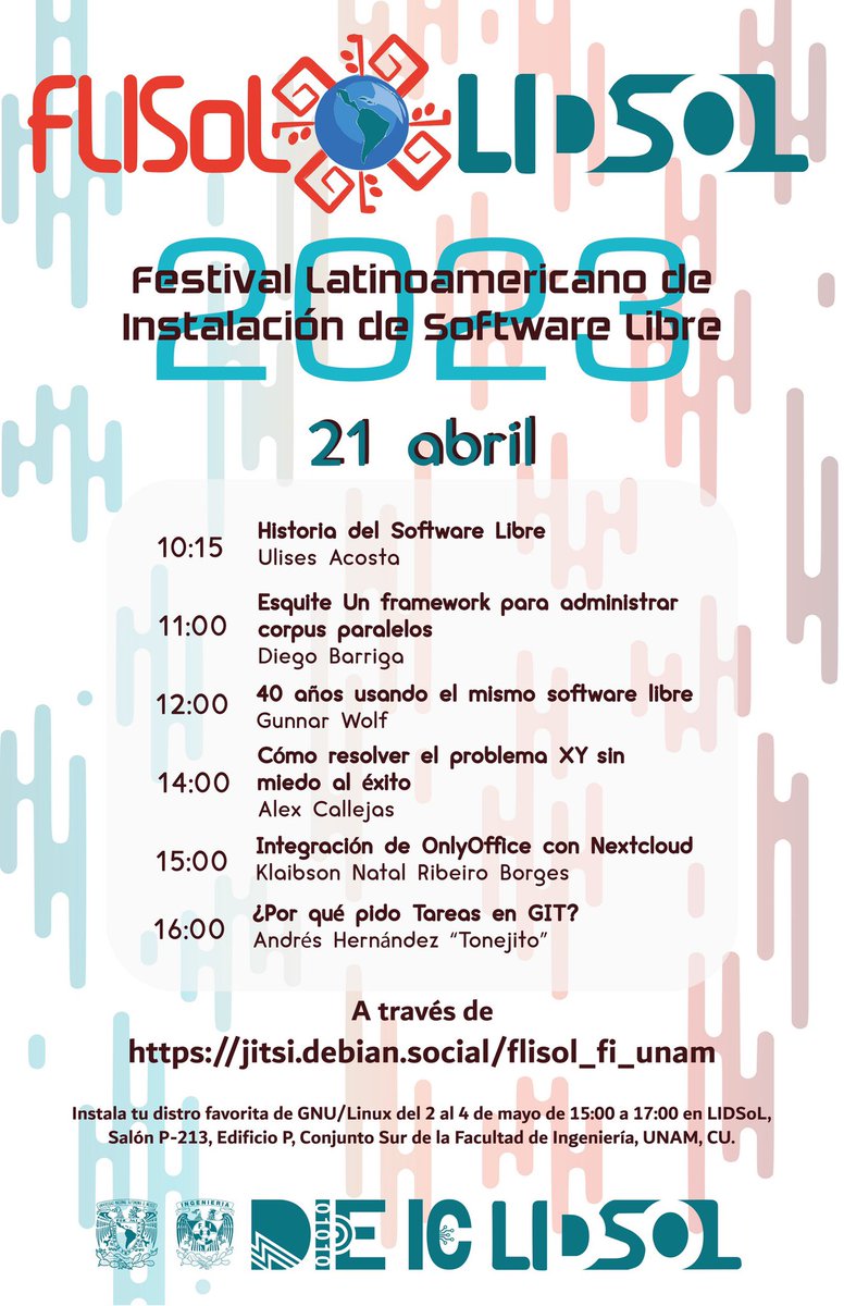 El Laboratorio de Investigación y Desarrollo de Software Libre te invita a participar en el #FLISoL 2023. El cual se llevará a cabo en línea a través de la plataforma Jitsi jitsi.debian.social/flisol_fi_unam
