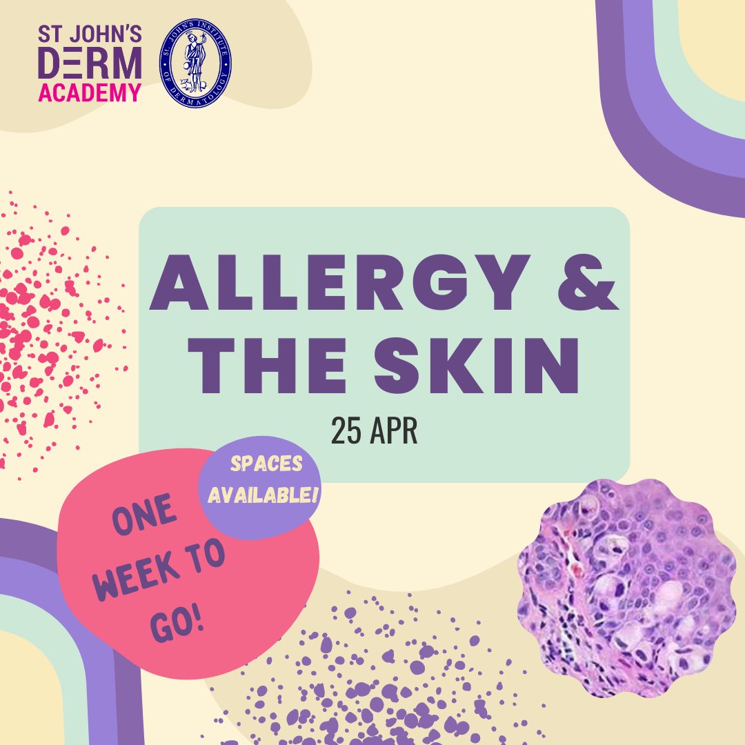 One week to go until our Allergy &amp; the Skin course on the 25th of April! 
Sign up now to attend this one stop shop on everything a dermatologist needs to know about drug allergy. Follow the link in the bio to grab your spot. Booking will close 48 hours before the event.
