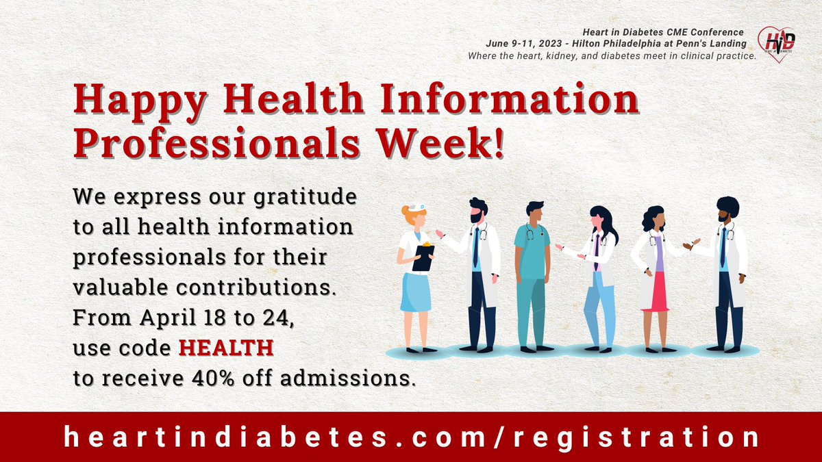 HeartinDiabetes's tweet photo. We are empowering Healthcare through Information: Happy #HIPWeek23! As a special treat, use code HEALTH to receive 40% off on the upcoming @HeartinDiabetes. Get the opportunity to learn, network, and earn #cme this June; visit https://t.co/cZbZTWqKjl

#cardioed #endoed #meded https://t.co/H0g1dfa2iO