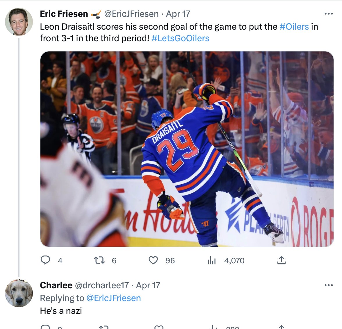 Explain how this HATEful label doesn't go against Twitter policy. Is not harassing someone because of their race (Draisaitl is German and called a NAZI) a policy violation? You've made a mistake Twitter enforcing your rules!! <a href="/elonmusk/">Elon Musk</a> <a href="/twitter/">Twitter</a>
