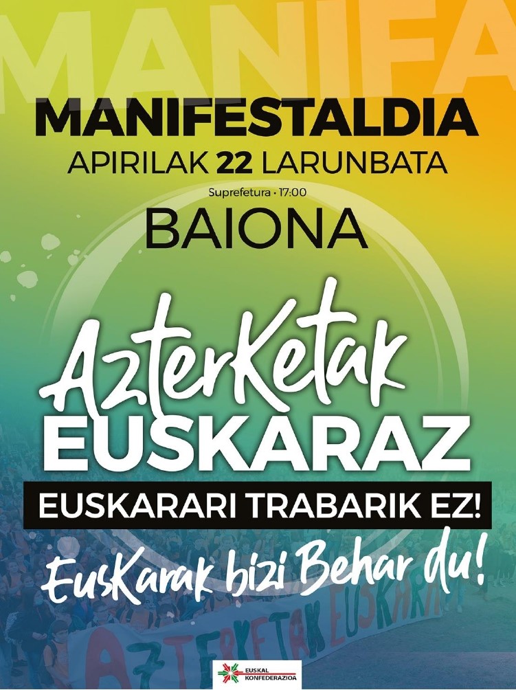 Azterketak Euskaraz!

Azterketa guztiak euskaraz izan daitezen lortu behar dugu.

Larunbatean 17:00etan, manifestazioa Baionan.

#guikastola #azterketakeuskaraz
<a href="/EHIkastolak/">Ikastolen Elkartea</a> <a href="/seaskaikastola/">seaska.ikastolak</a>