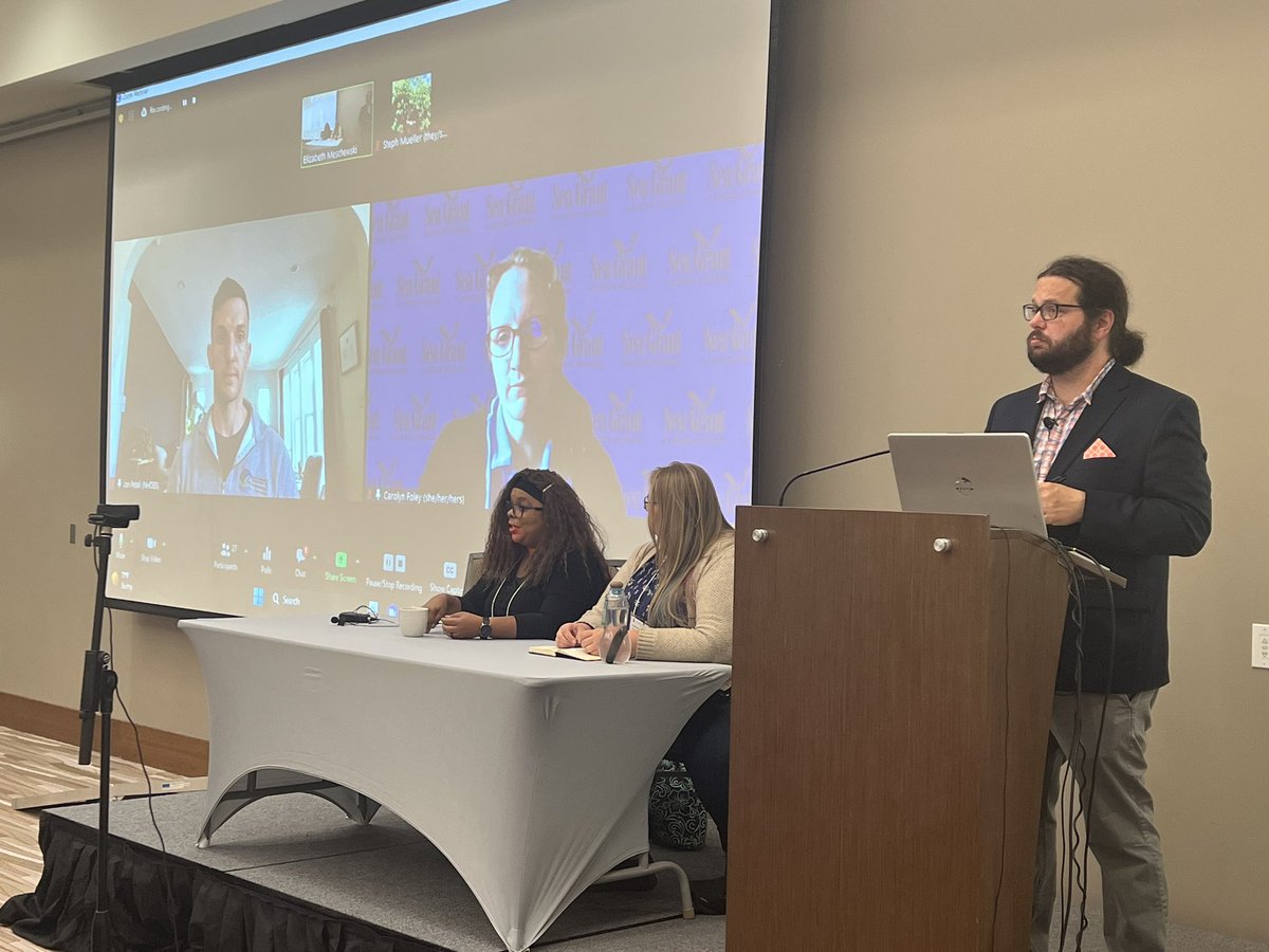 GreatLakesP2's tweet photo. So excited to be here watching the panel discussion with our experts at #ECEC23, facilitated by the insightful @jscarlton. How can we solve wicked problems like #emergingcontaminants? How do we do research that is useful to communities and policymakers? How do we earn trust? https://t.co/bahuWVj4yG