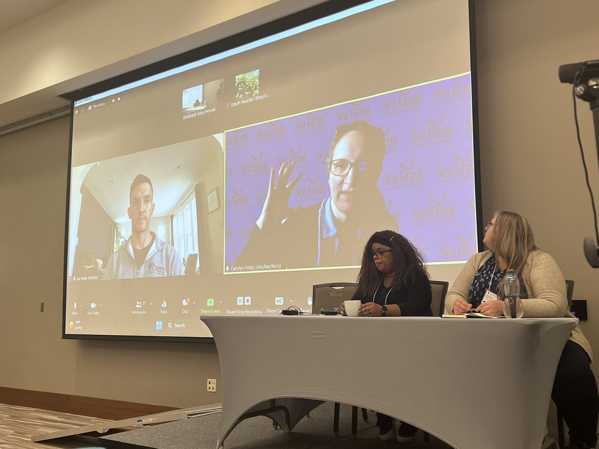 GreatLakesP2's tweet photo. So excited to be here watching the panel discussion with our experts at #ECEC23, facilitated by the insightful @jscarlton. How can we solve wicked problems like #emergingcontaminants? How do we do research that is useful to communities and policymakers? How do we earn trust? https://t.co/bahuWVj4yG