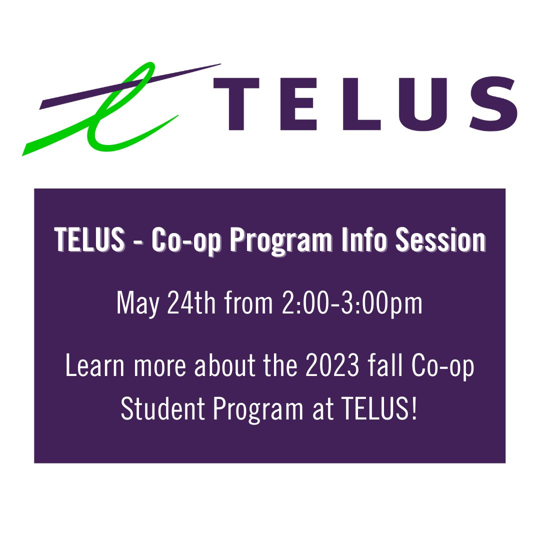 Looking for a fall co-op opportunity and would like to hear more about the 2023 fall Co-op Student Program at TELUS? Join the <a href="/TELUS/">TELUS</a> team as they host an online Google Meet Info Session on May 24th from 2:00-3:00pm EST!

Register here: eventbrite.com/e/telus-co-op-…