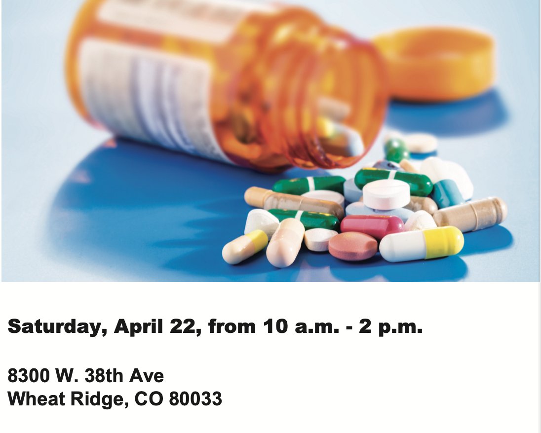 This Saturday, April 22nd from 10am-2pm, we've partnered with the <a href="/WheatRidgePD/">Wheat Ridge Police</a> to host a National Drug Take Back Day.

Do you have prescription medications you no longer need? Dispose of them properly by bringing them to our Drug Take Back Day at Lutheran's main entrance.