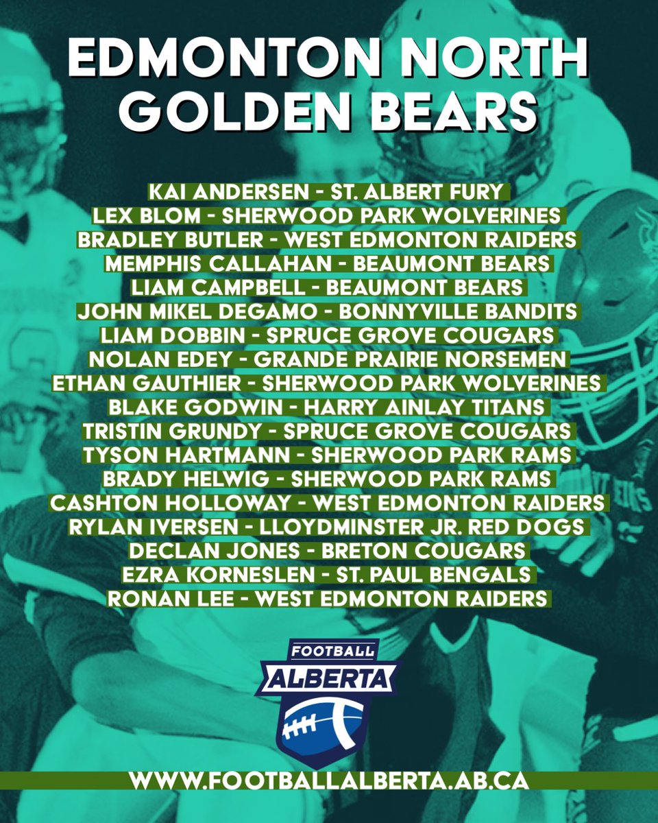 FootballAlberta's tweet photo. Congratulations to all the athletes who have made it to the final Edmonton North Golden Bears team. Thank you to all our coaches for the evaluation and selection process.
🏈🏈
#football #footballalberta #u16 #northselectioncamps #finalteam #yegandarea https://t.co/nsUa0T4Gyt